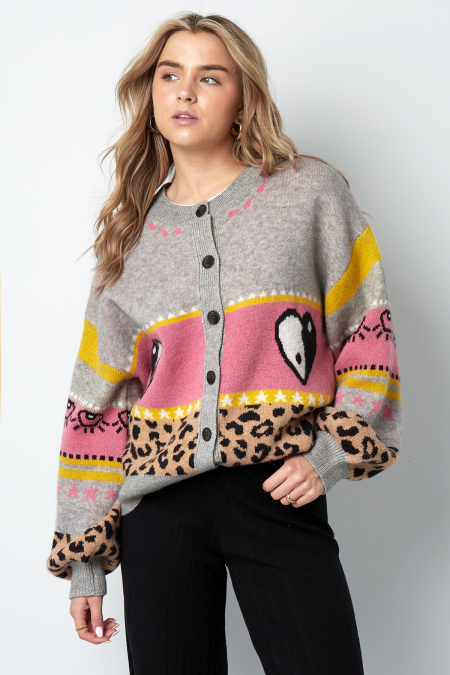 Cardigan Tricoté Mélange de Laine Femme Coupe Oversized Design Imprimé