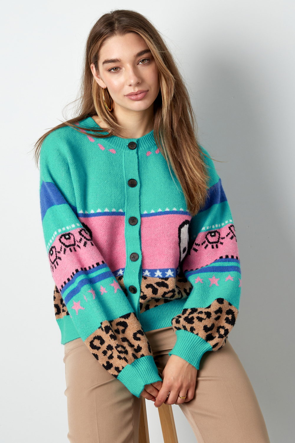 Cardigan Tricoté Mélange De Laine Femme Coupe Oversized Design Imprimé Image2