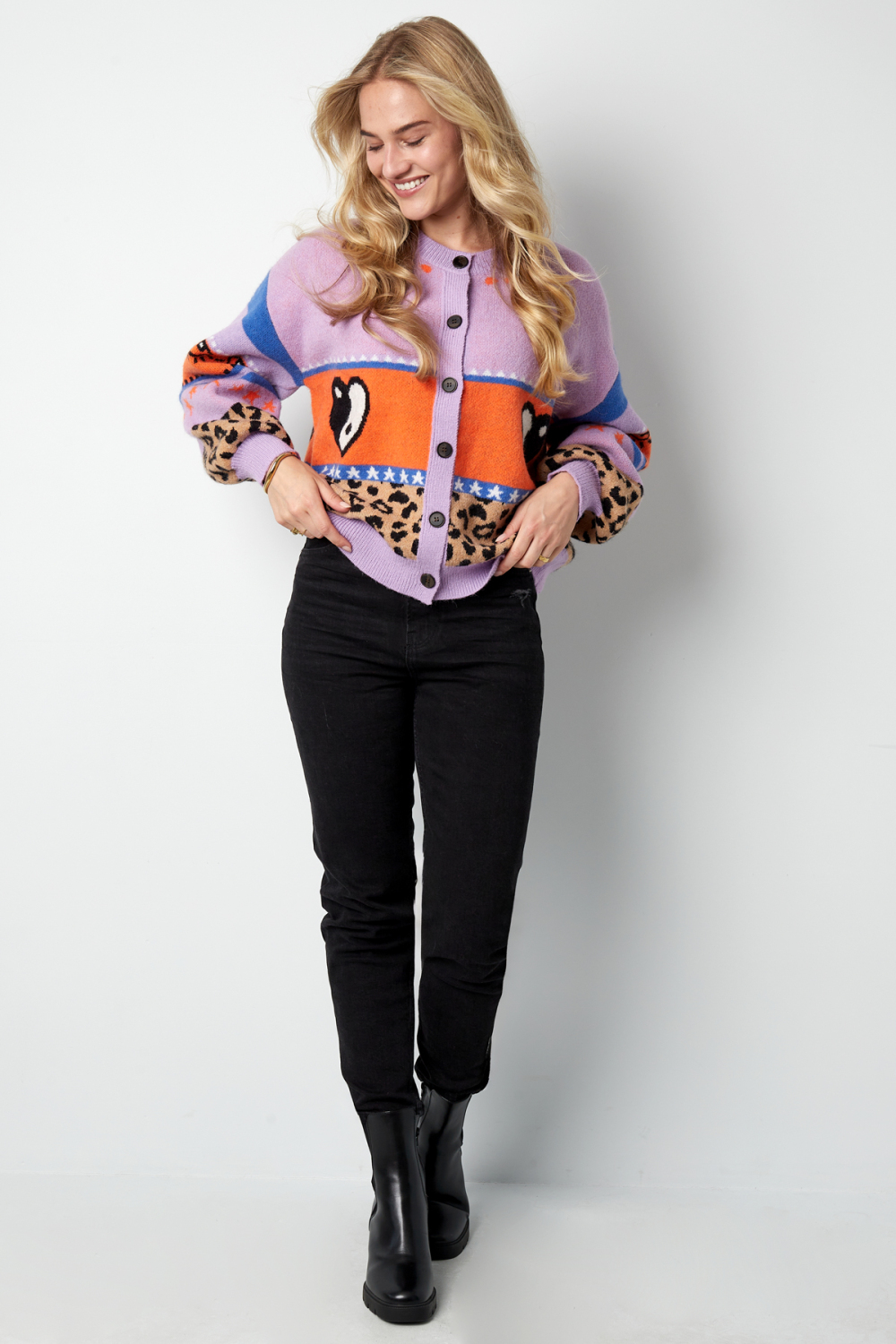 Cardigan Tricoté Mélange De Laine Femme Coupe Oversized Design Imprimé Image11