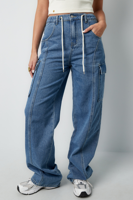 Coton Tissé Pantalon Droit Femme Décontracté Couleur Unie Indigo Moyen