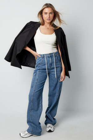 Coton Tissé Pantalon Droit Femme Décontracté Couleur Unie Indigo Moyen h5 Image7
