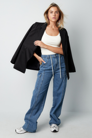 Coton Tissé Pantalon Droit Femme Décontracté Couleur Unie Indigo Moyen h5 Image3