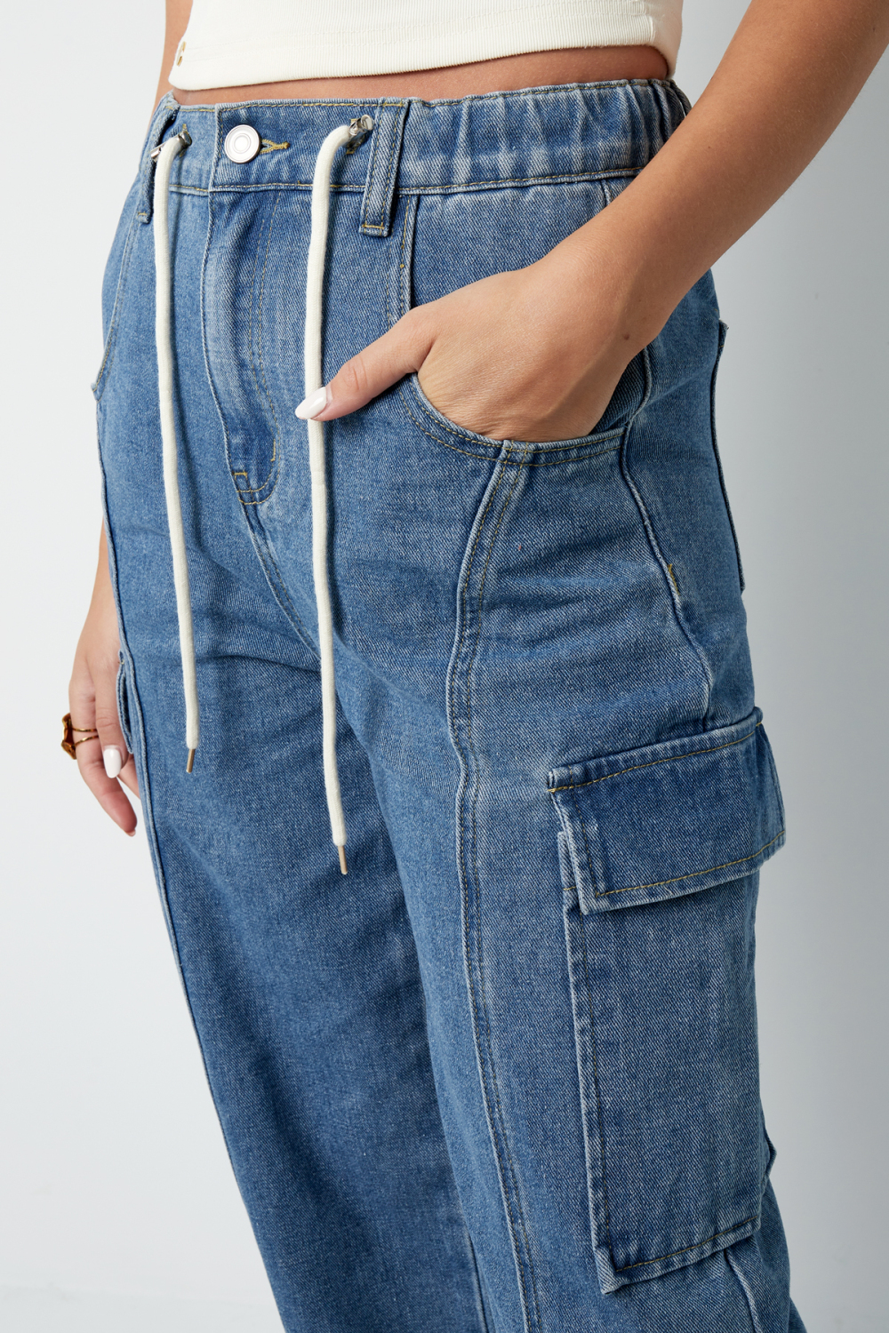 Coton Tissé Pantalon Droit Femme Décontracté Couleur Unie Indigo Moyen h5Image4