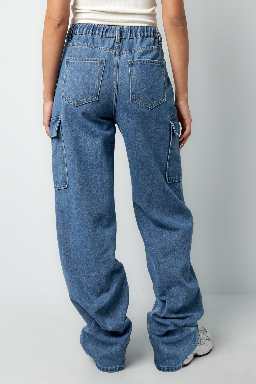 Coton Tissé Pantalon Droit Femme Décontracté Couleur Unie Indigo Moyen h5Image8