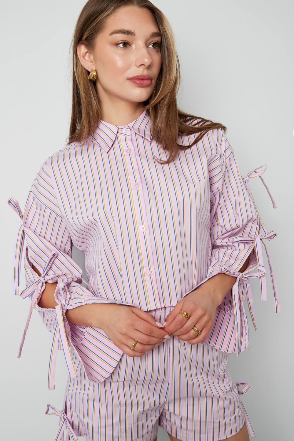 Coton Tissé Chemise Femme Printemps/Été Rayée Manches À Nœuds Image4