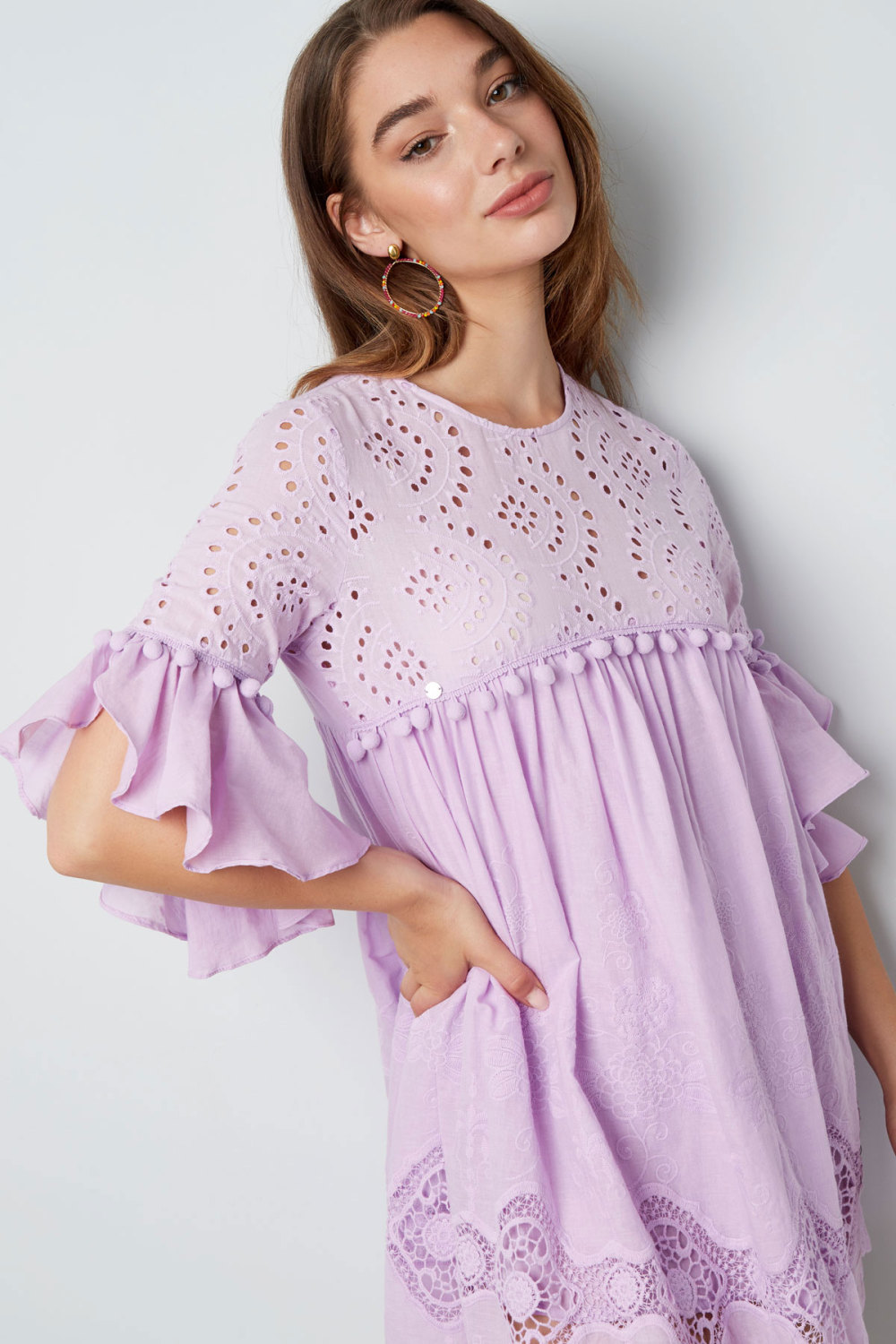 Coton Robe Mini Femme Broderie Manches Volants h5Image7