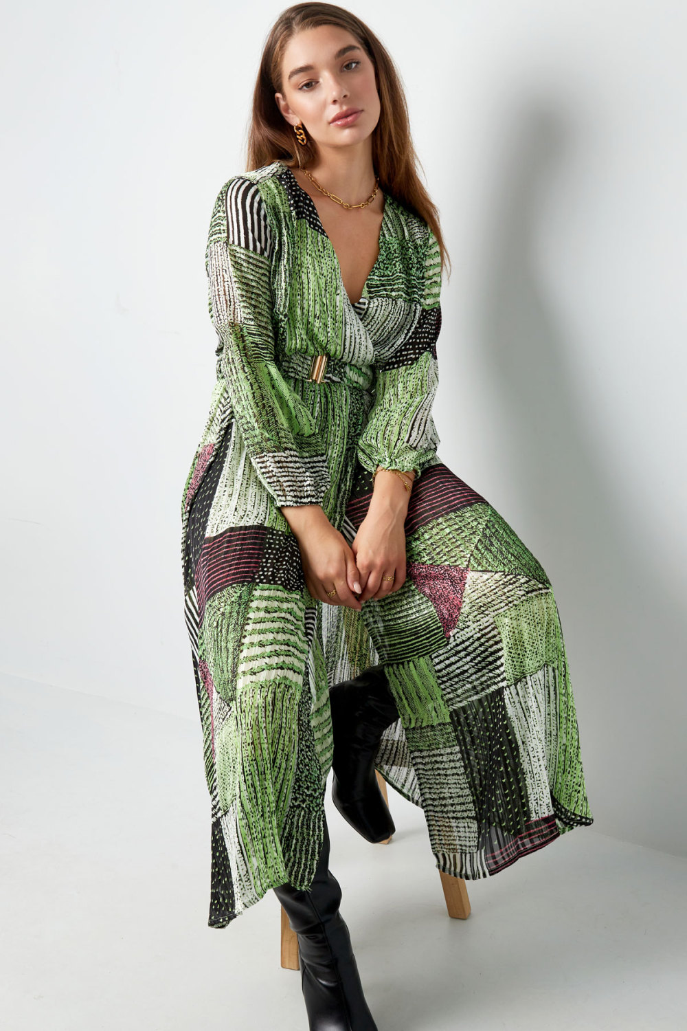 Robe Maxi Femme En Polyester Style Wrap Design Patchwork h5Image5