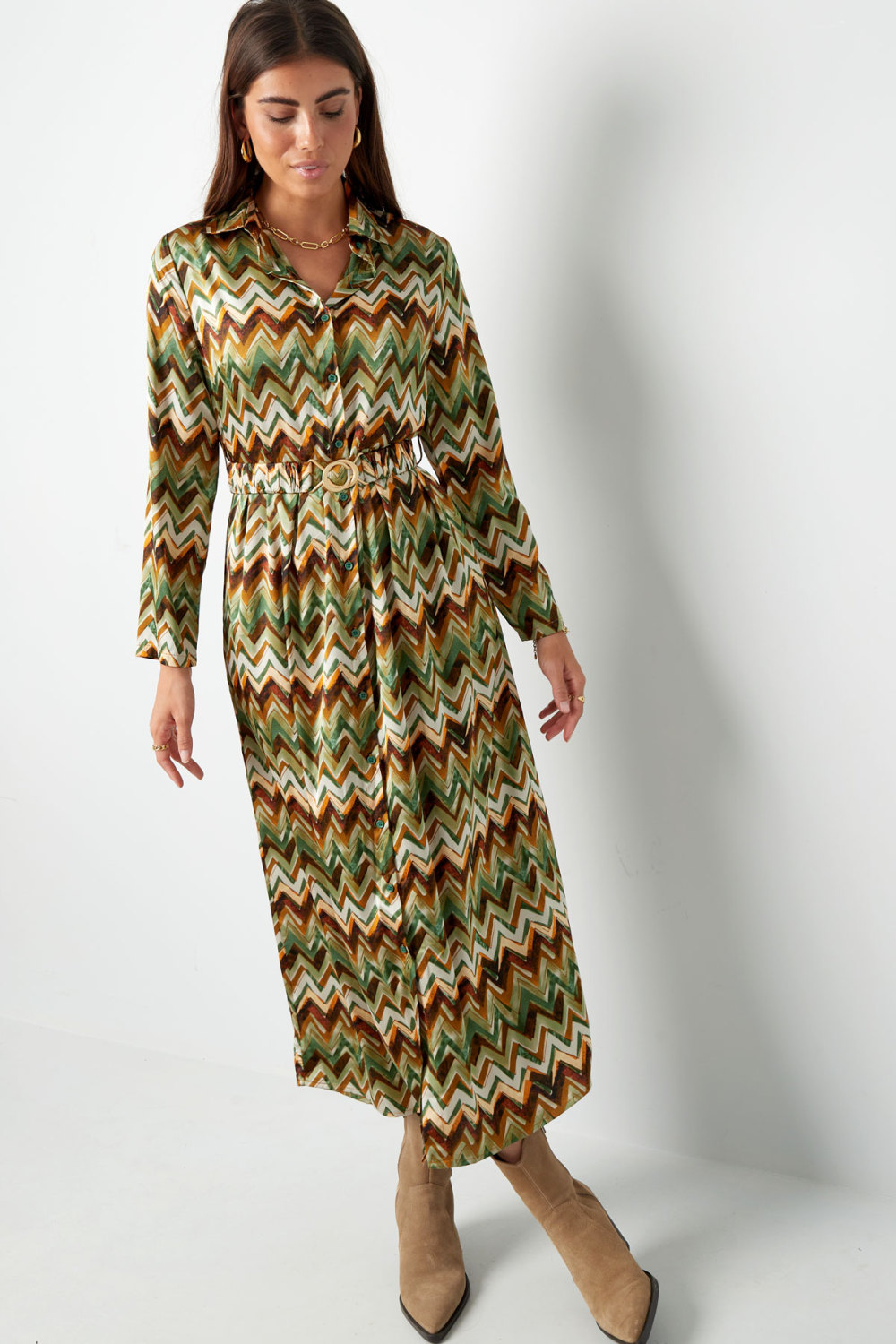 Robe Maxi Femme En Polyester Motif Zigzag Ceinture Taille h5Image2