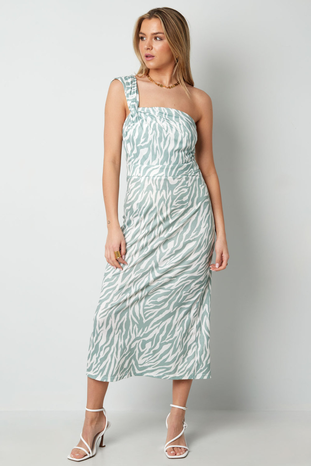 Robe Maxi Femme En Polyester À Épaule Unique Imprimé Zèbre h5Image9