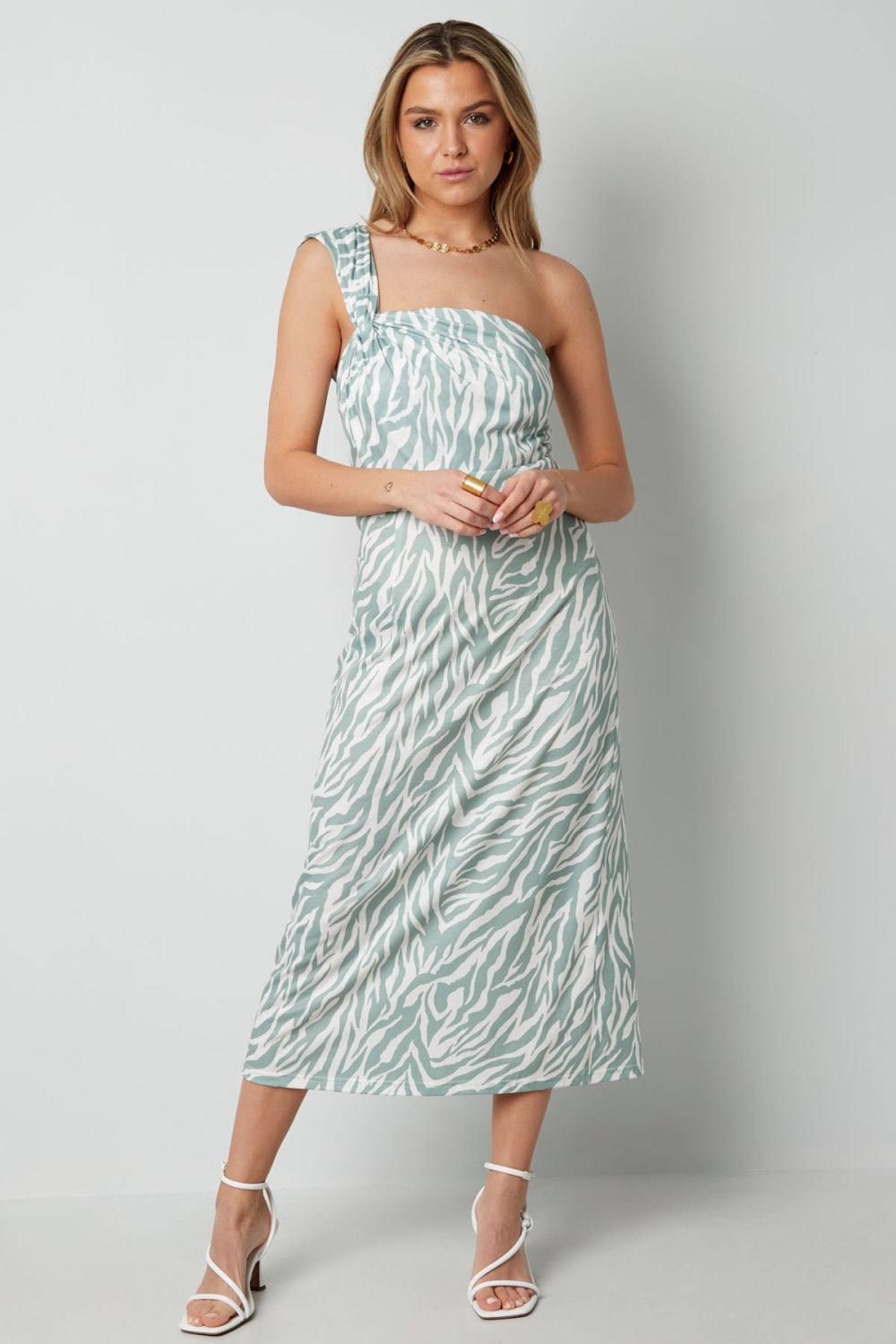 Robe Maxi Femme En Polyester À Épaule Unique Imprimé Zèbre h5Image10