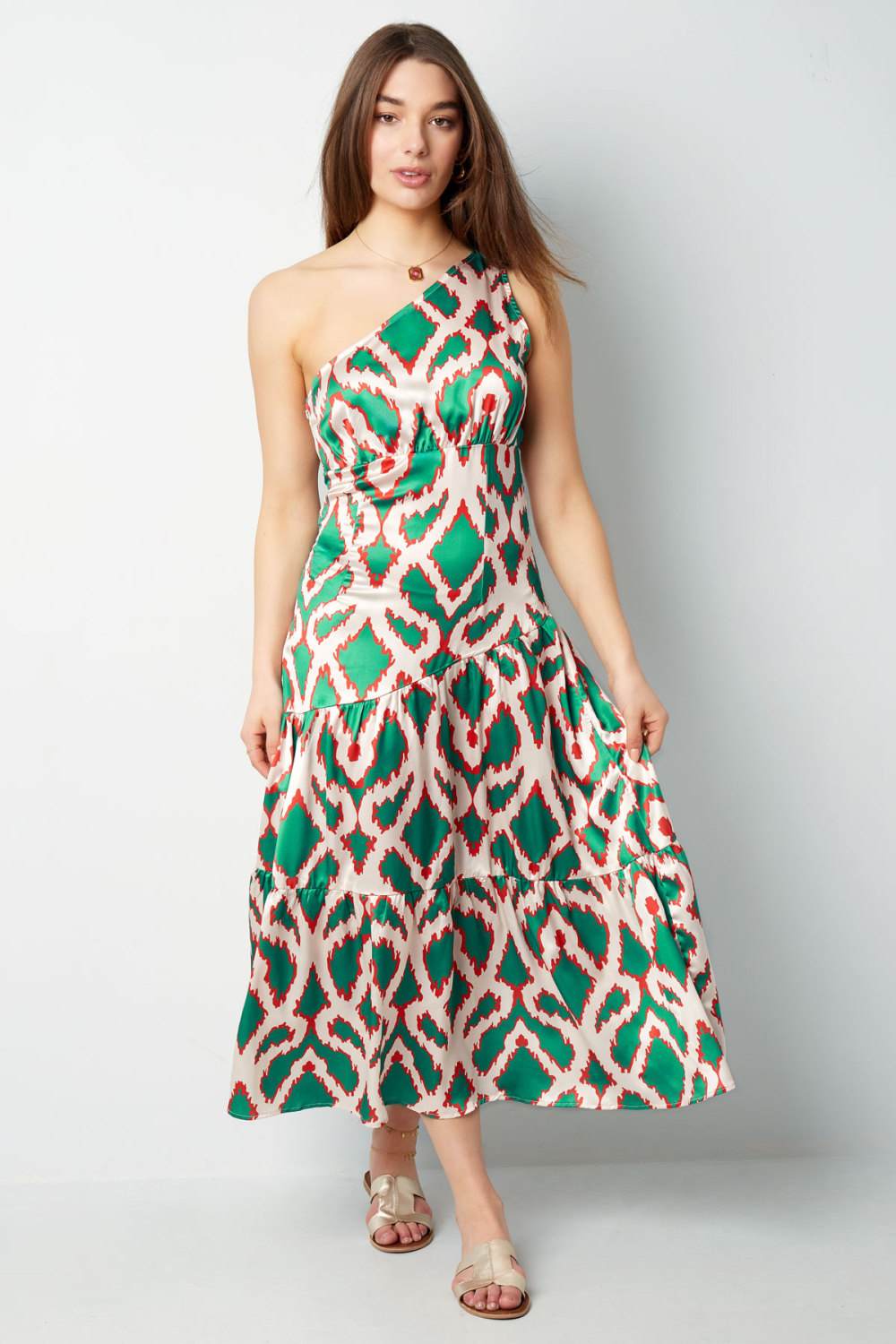 Robe Maxi Femme En Polyester À Épaule Unique Imprimé Géométrique Image4