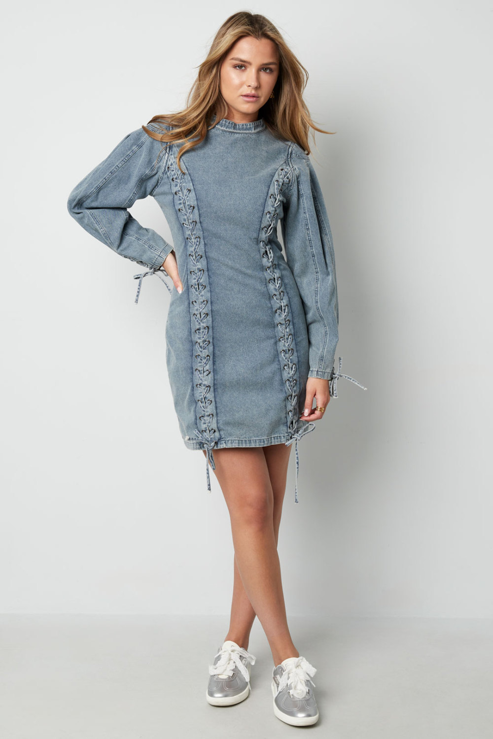 Cotton Woven Denim Dress Elegant Tie-Up Solid Color Image5
