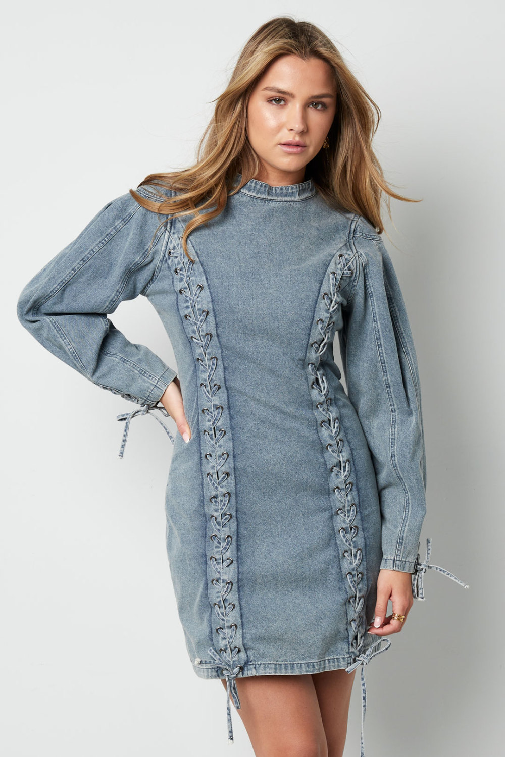Cotton Woven Denim Dress Elegant Tie-Up Solid Color Image4