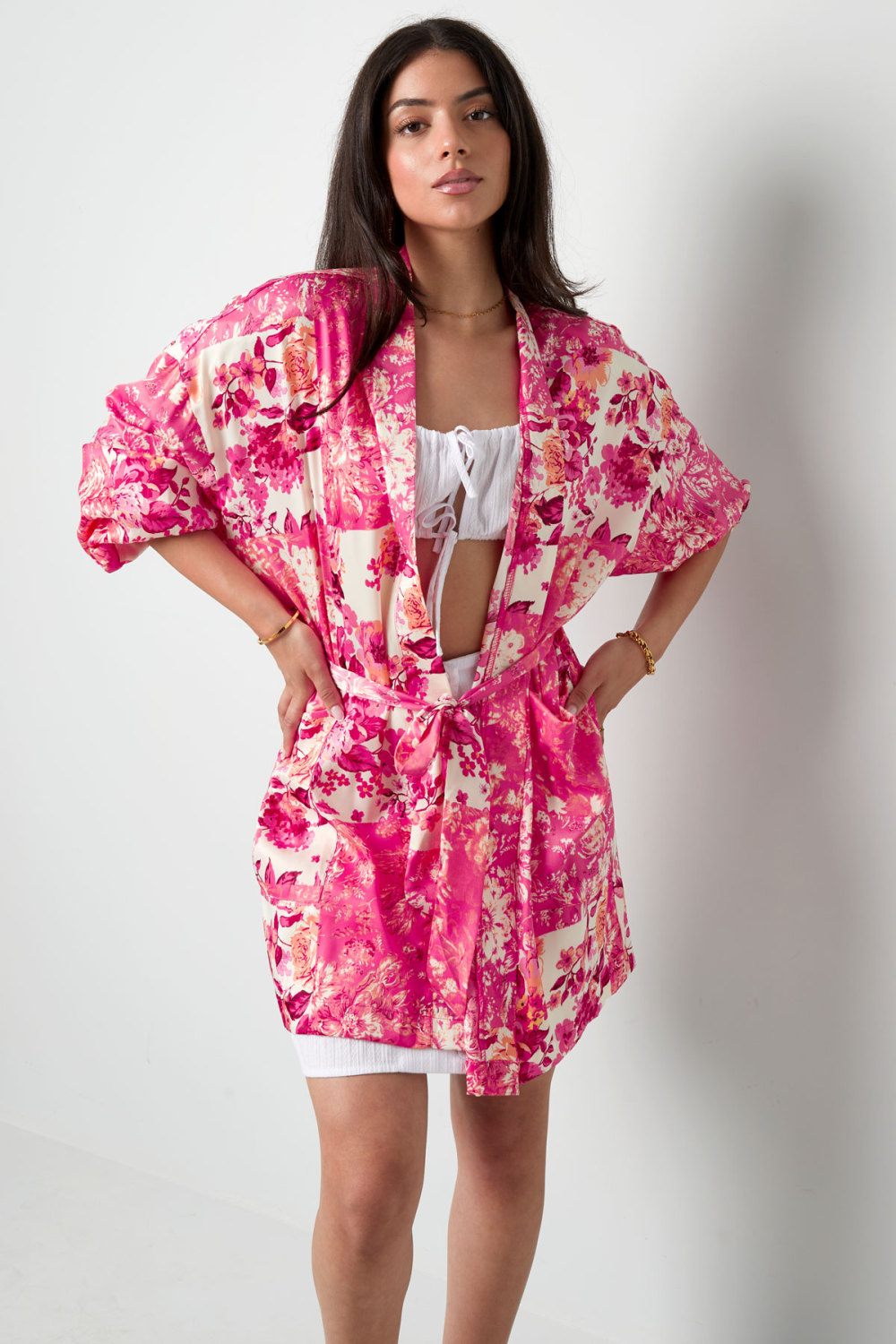 Kimono Court Vert Fleurs - Multi Image3