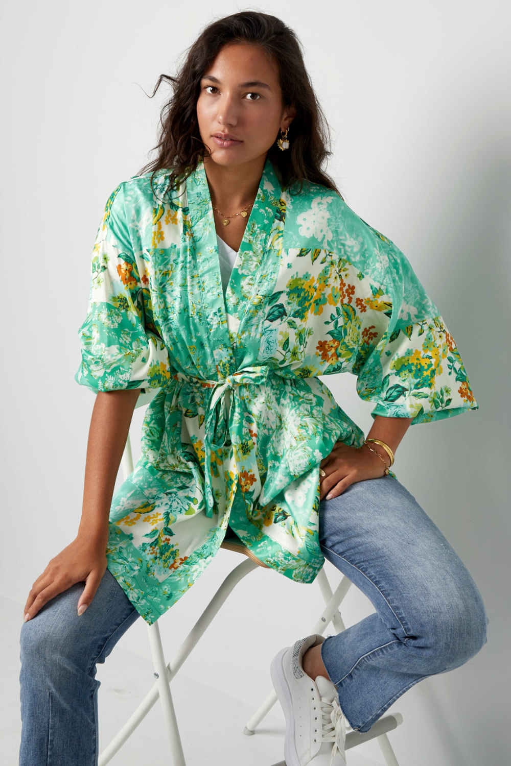 Kimono Court Vert Fleurs - Multi Image2