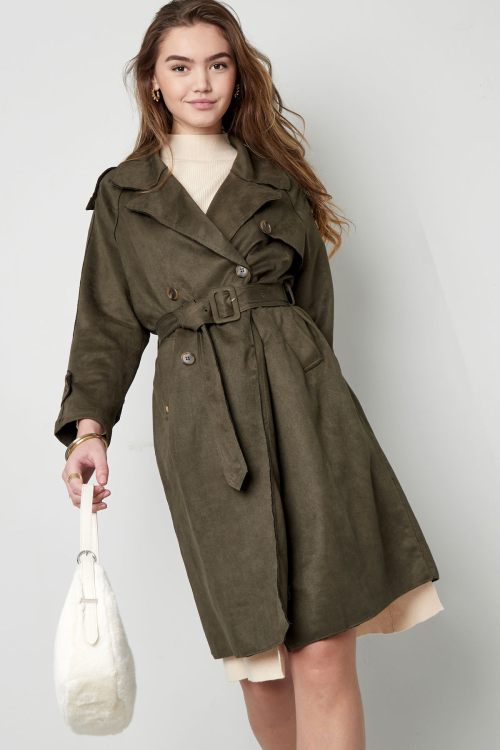 Manteau Trench Femme En Polyester Classique À Double Boutonnage Avec Ceinture Image2