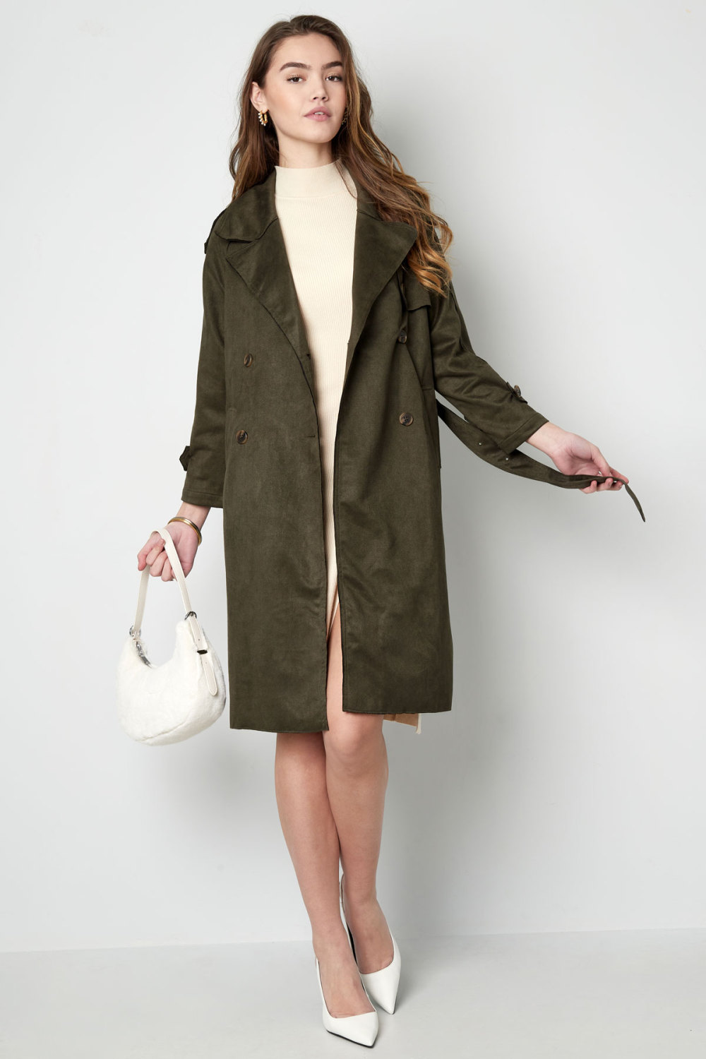 Manteau Trench Femme En Polyester Classique À Double Boutonnage Avec Ceinture Image3