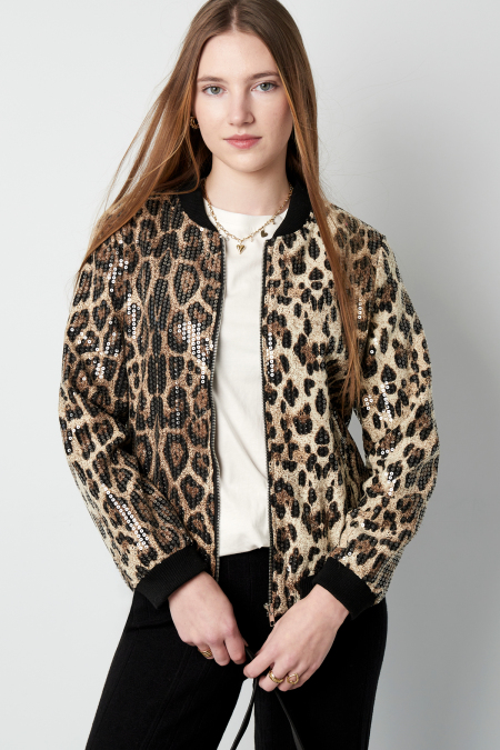 Veste Bomber Femme en Polyester Imprimé Léopard Paillettes
