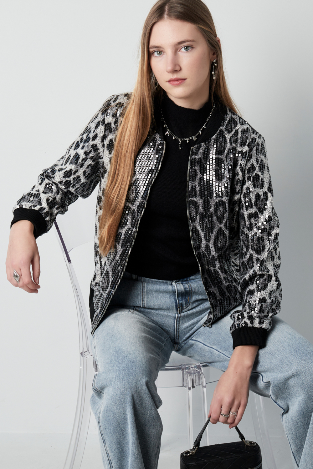 Veste Bomber Femme En Polyester Imprimé Léopard Paillettes Image5