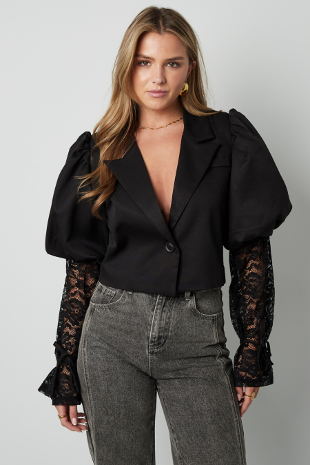 Mélange de Coton Blazer Femme Manche Ballon Insert Dentelle