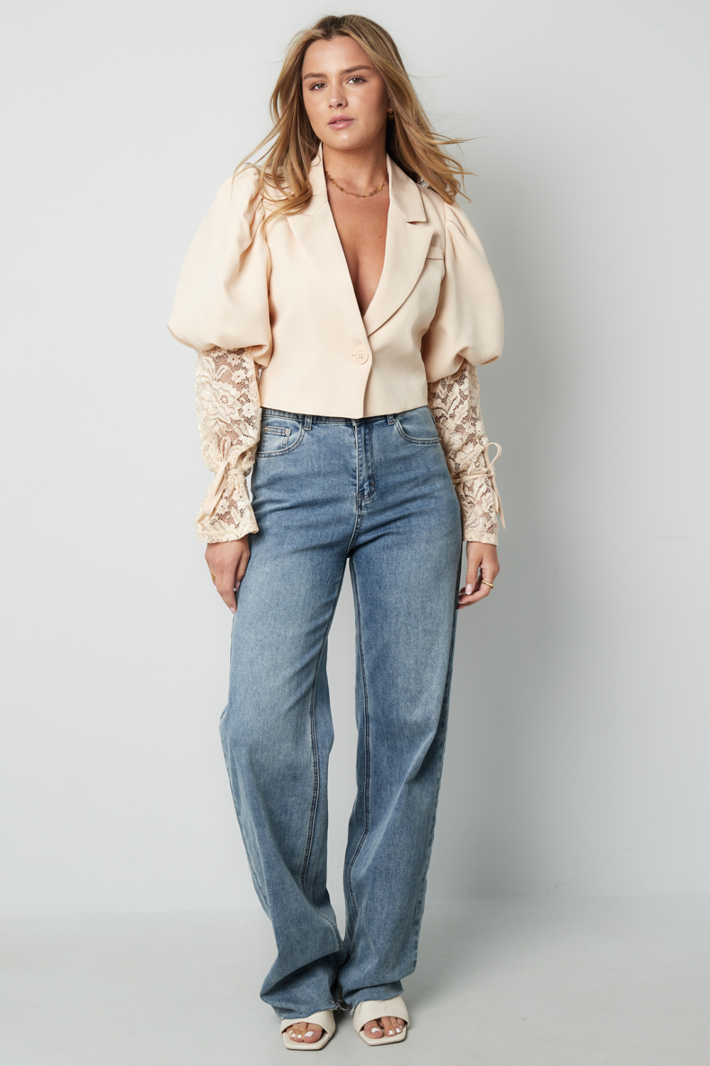 Mélange De Coton Blazer Femme Manche Ballon Insert Dentelle h5Image7