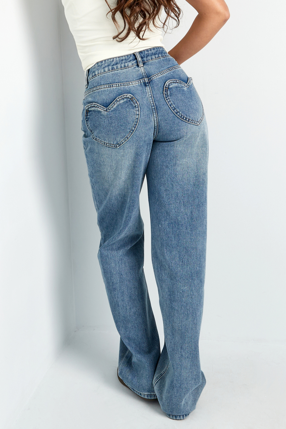 Coton Tissé Femme Pantalon Droit Jeans Décontracté Couleur Unie Indigo Moyen Image5