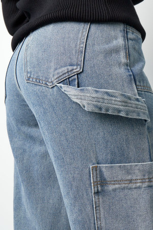 Coton Tissé Pantalon Droit Femme Casual Couleur Unie Indigo Moyen h5 Image3