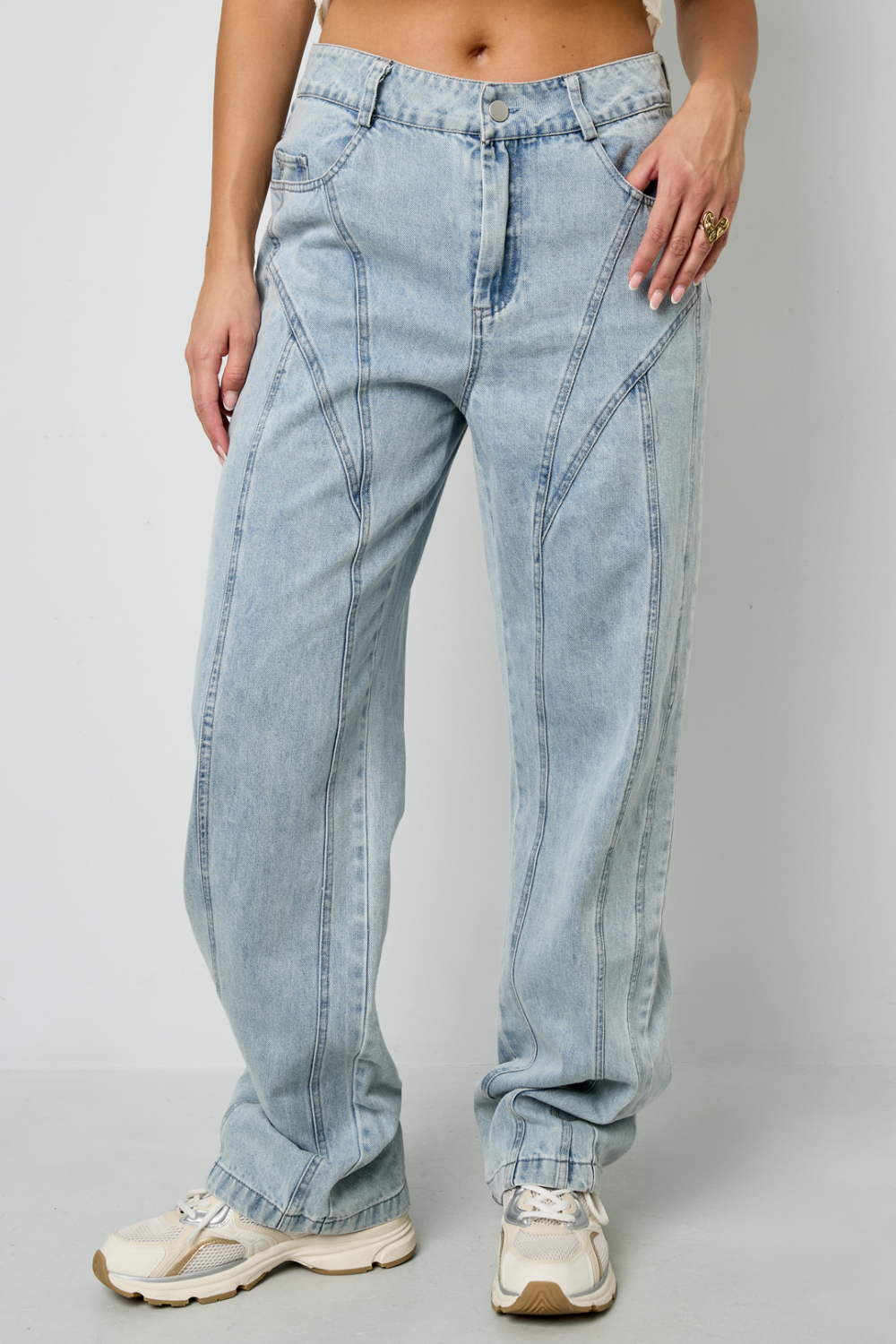 Pantalon En Coton Mélangé Décontracté Droit Bleu Indigo Clair Image2