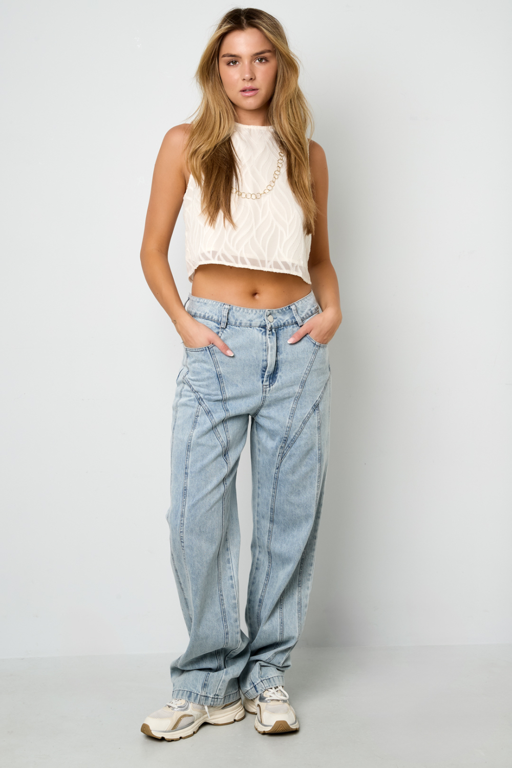 Pantalon En Coton Mélangé Décontracté Droit Bleu Indigo Clair Image3