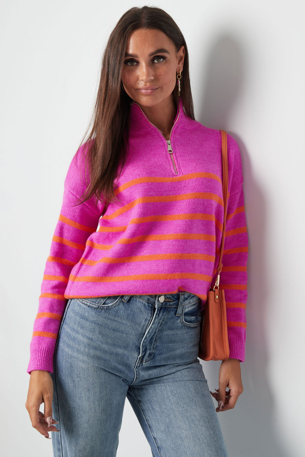 Pull À Demi-Fermeture Éclair En Laine Mélangée Tricotée Pour Femme Design Rayé Image2