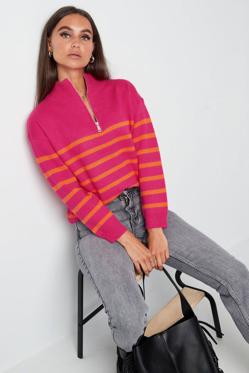 Pull À Demi-Fermeture Éclair En Laine Mélangée Tricotée Pour Femme Design Rayé Image7