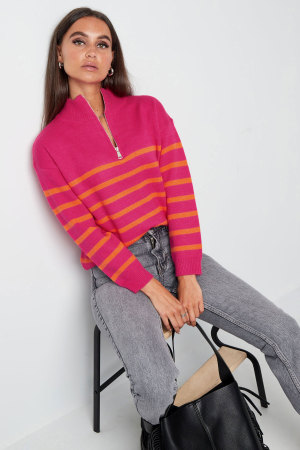 Pull À Demi-Fermeture Éclair En Laine Mélangée Tricotée Pour Femme Design Rayé h5 Image7