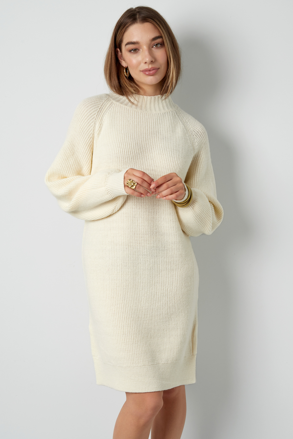 Robe Pull Femme À Col Montant, Maille Côtelée Et Fente Latérale h5Image3