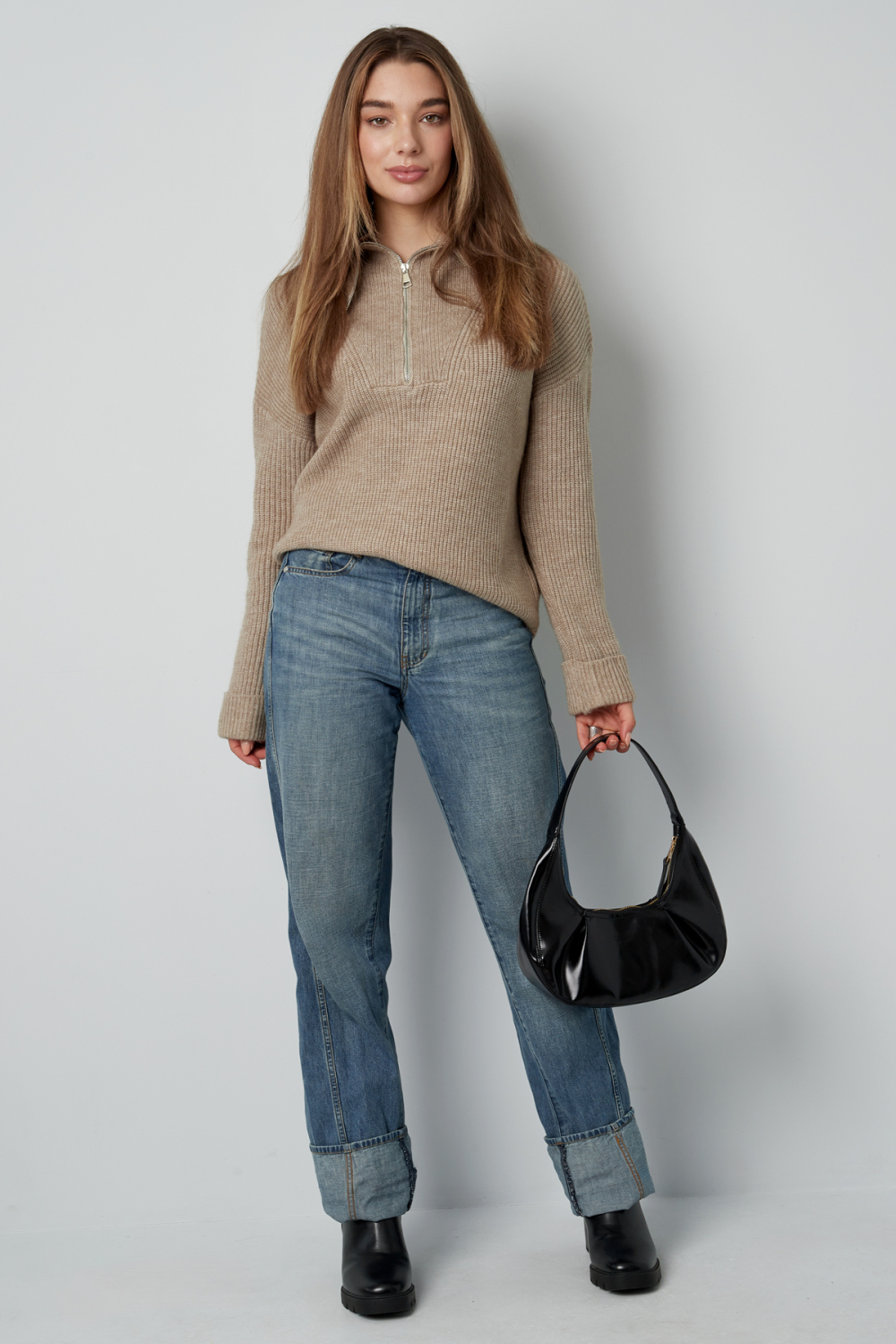 Pull En Laine Mélangée Tricoté Pour Femme À Demi-Fermeture Éclair Texture Côtes h5Image10