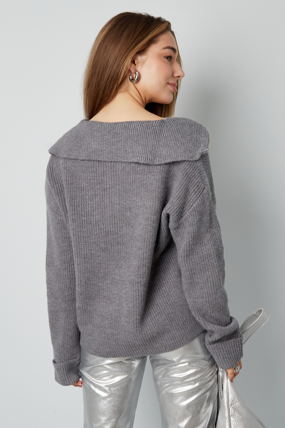 Pull En Laine Mélangée Tricoté Pour Femme À Demi-Fermeture Éclair Texture Côtes h5Image11