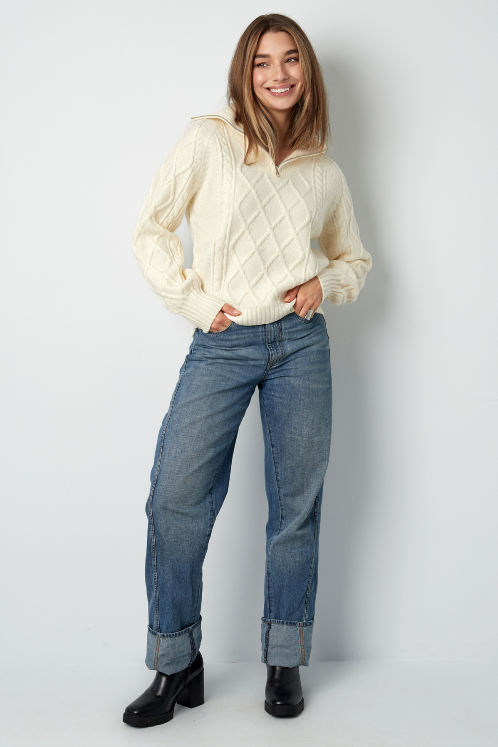 Pull À Col Montant En Laine Mélange Femme Fermeture Éclair Quart De Longueur Motif Câble Losange h5Image7