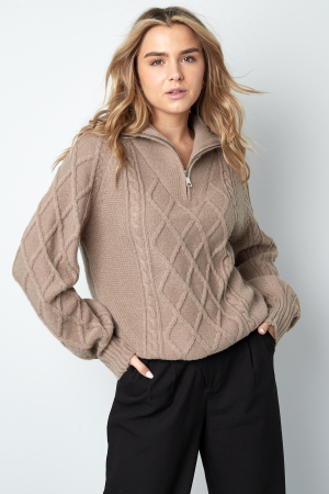 Pull À Col Montant En Laine Mélange Femme Fermeture Éclair Quart De Longueur Motif Câble Losange h5 Image8