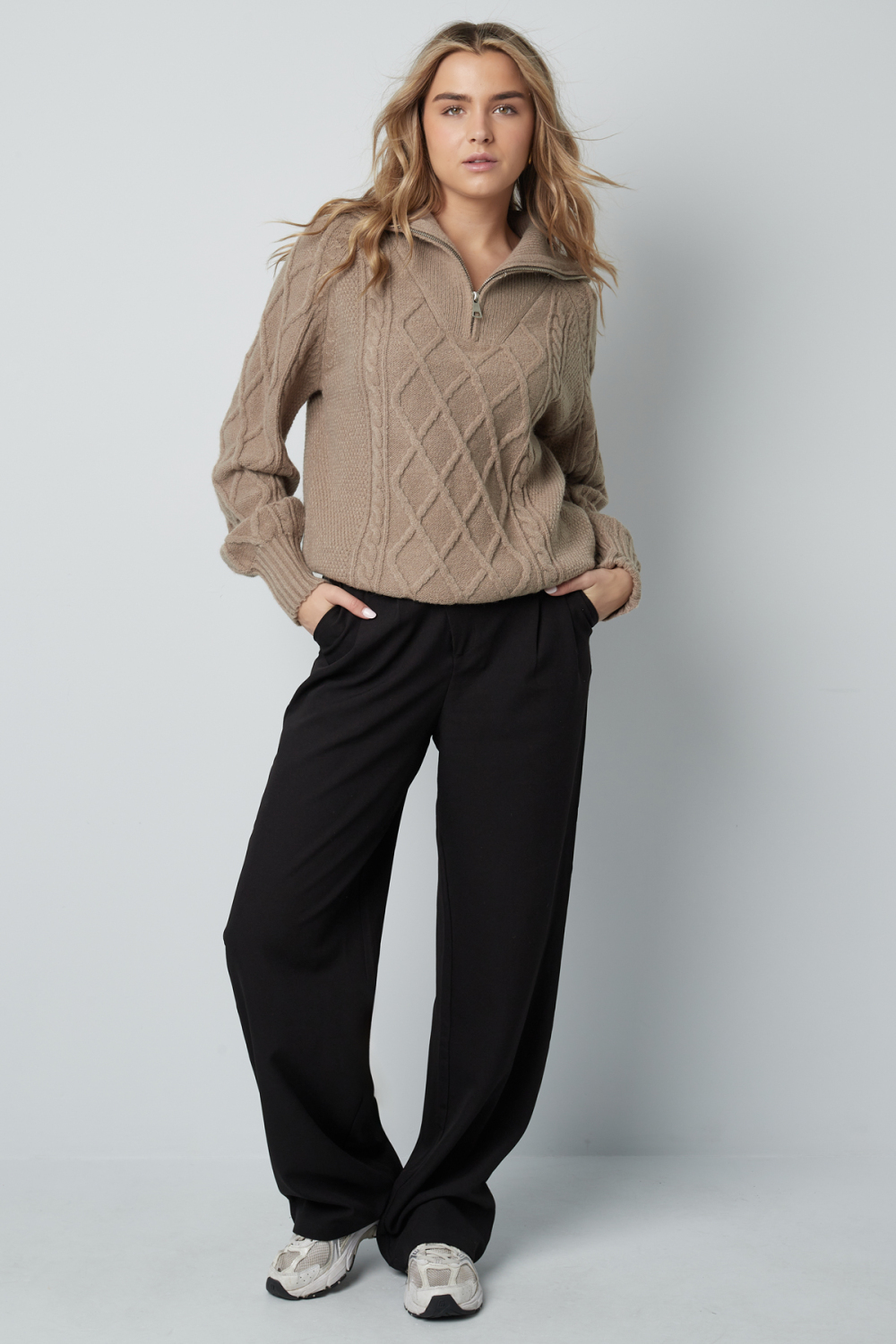 Pull À Col Montant En Laine Mélange Femme Fermeture Éclair Quart De Longueur Motif Câble Losange h5Image3