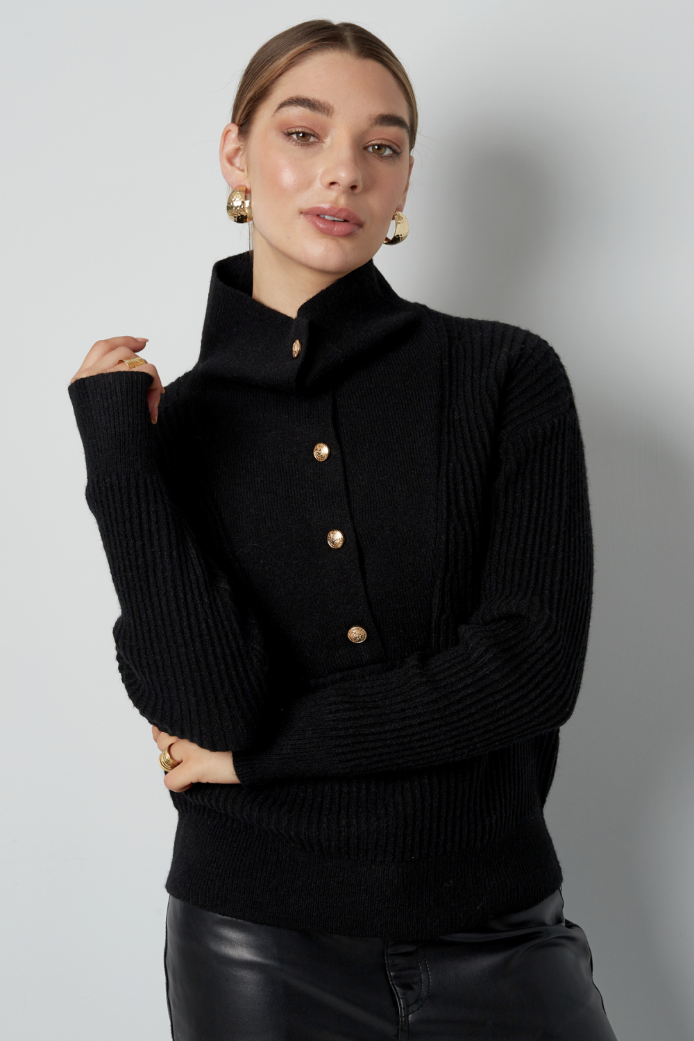Pull Femme En Laine Mélange Tricoté À Col Montant Avec Boutons h5Image5