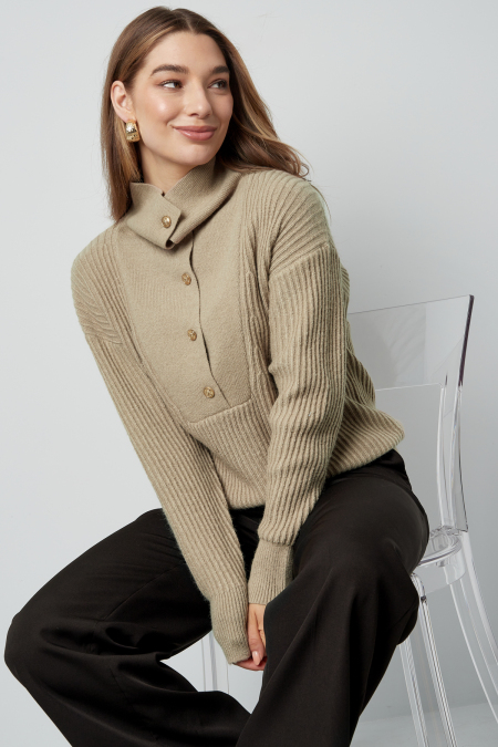 Pull Femme en Laine Mélange Tricoté à Col Montant avec Boutons