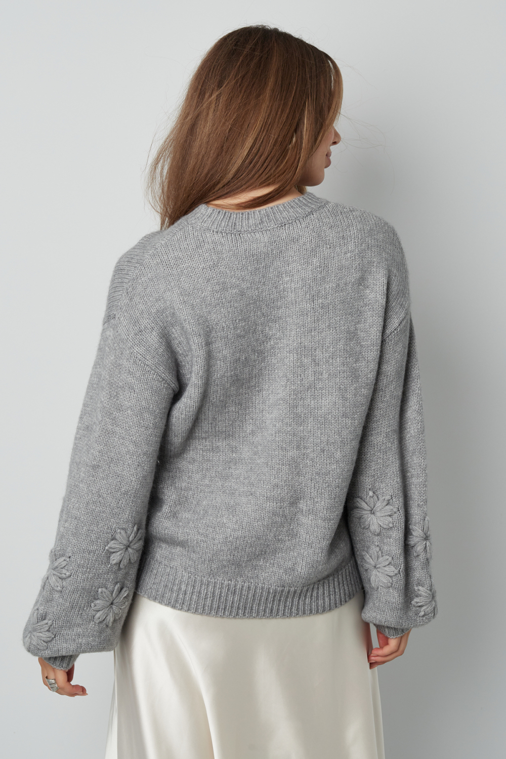 Pull Femme Oversized En Laine Mélange Tricoté Appliqué Fleuri h5Image12