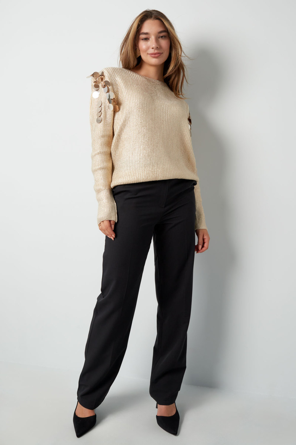 Pull Femme En Fibre Métallique Tricotée Détail Épaule À La Mode Image10