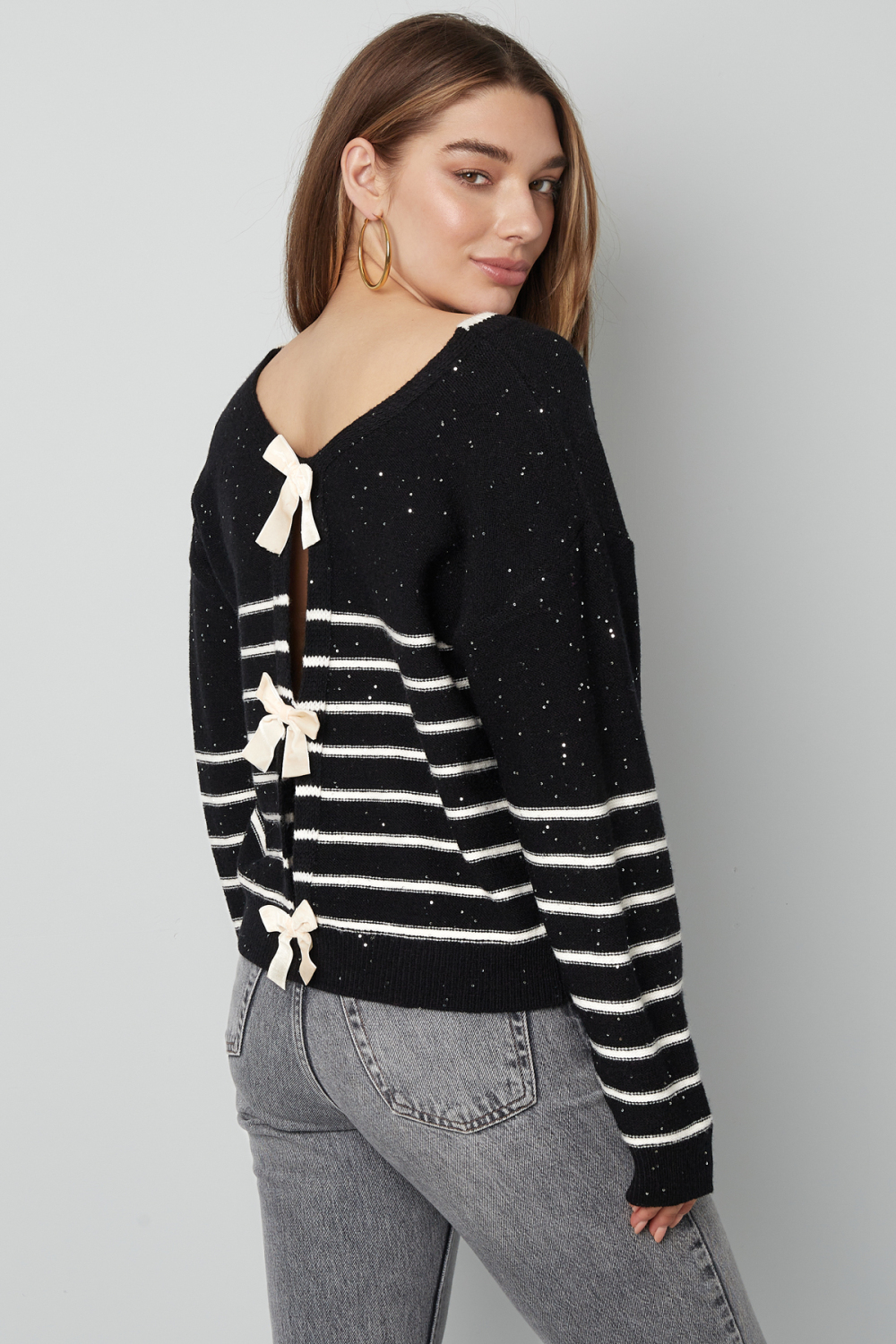 Pull En Polyester Tissé Femme Manches Longues Détail Nœud Rayures h5Image9