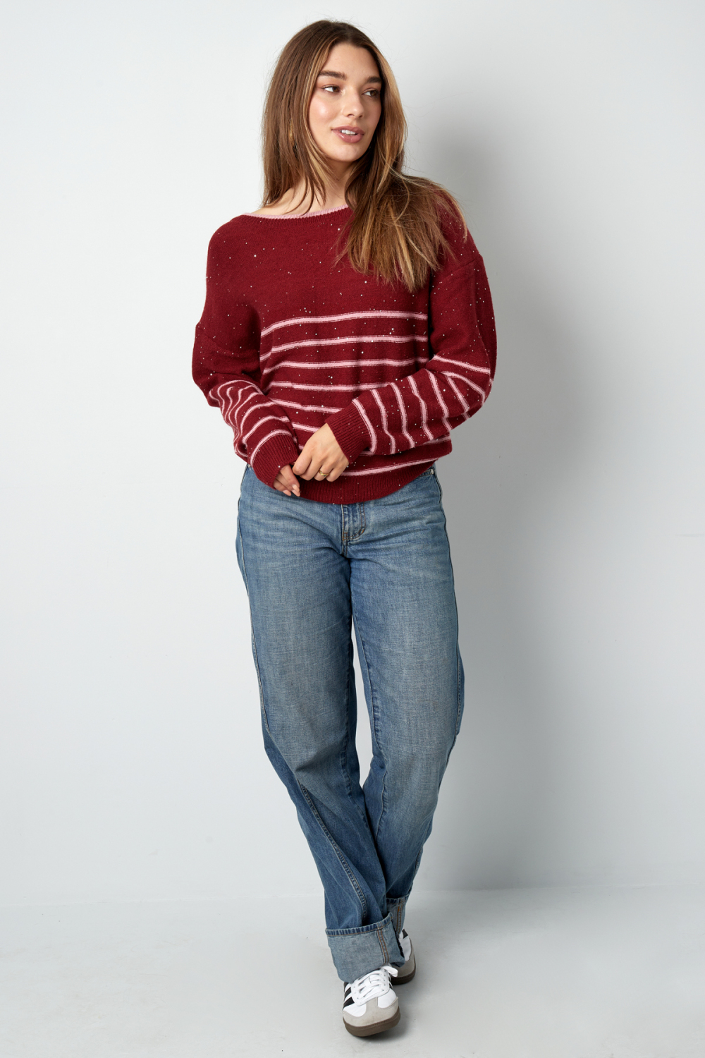 Pull En Polyester Tissé Femme Manches Longues Détail Nœud Rayures h5Image5
