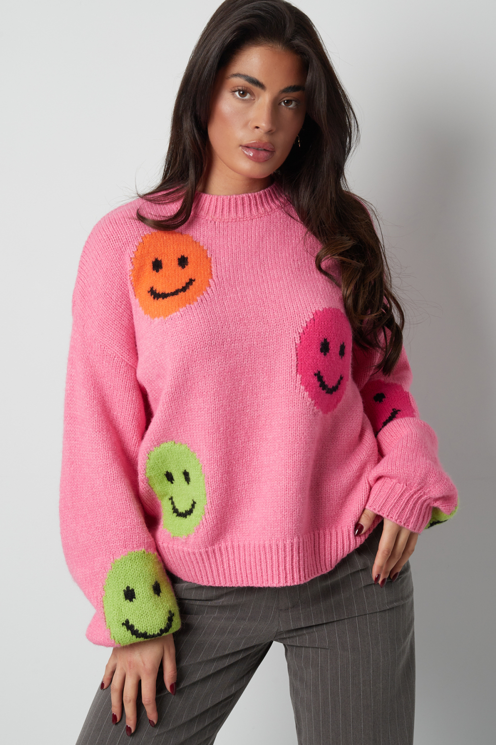 Pull Femme Oversized En Laine Mélange Tricoté Appliqué Visage Souriant Image4