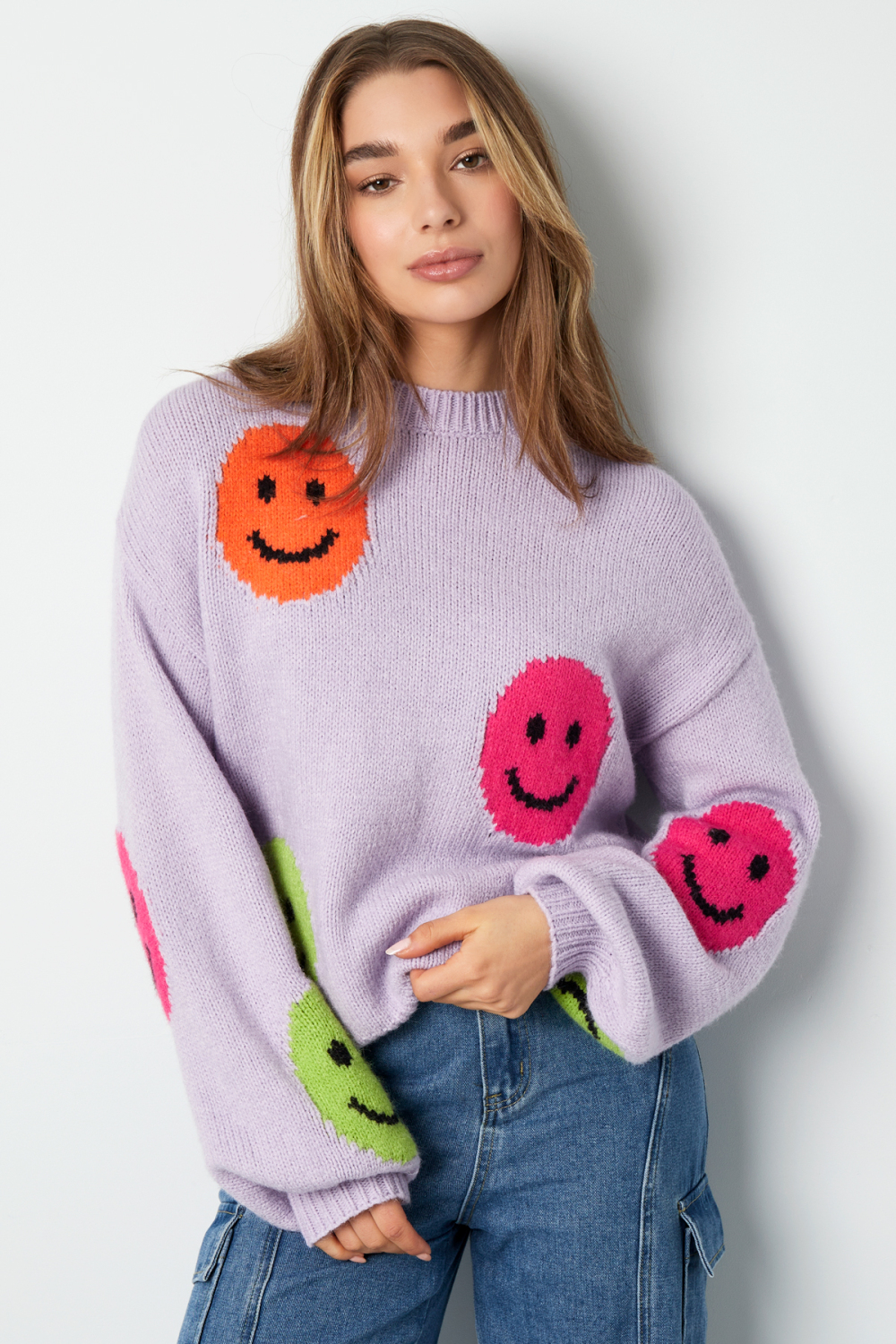 Pull Femme Oversized En Laine Mélange Tricoté Appliqué Visage Souriant Image9