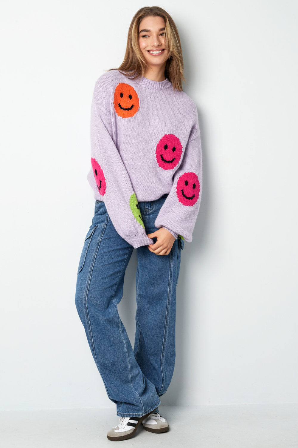 Pull Femme Oversized En Laine Mélange Tricoté Appliqué Visage Souriant Image10