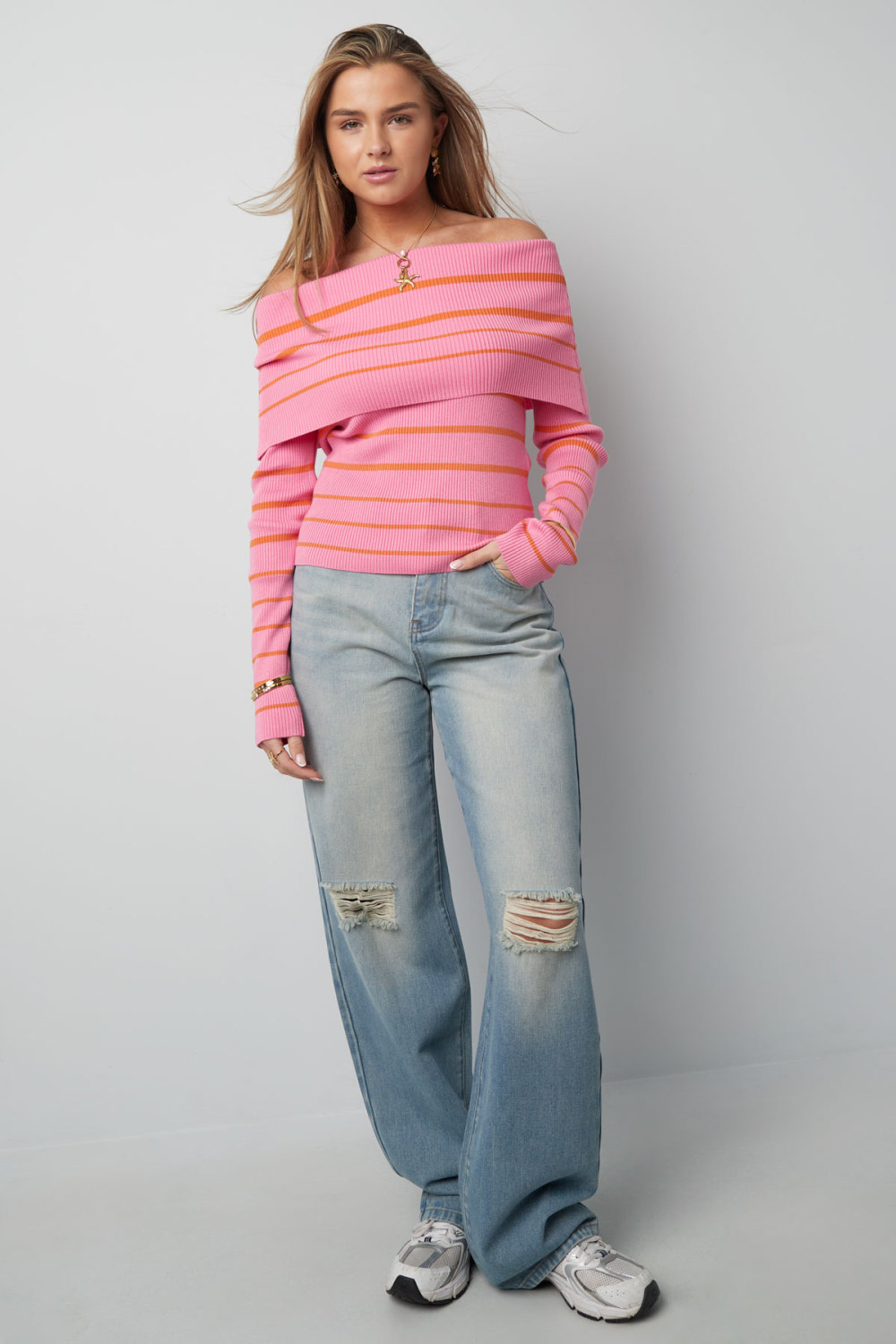 Pull En Viscose Femme Décolleté Épaules Dénudées Motif Rayé Image8