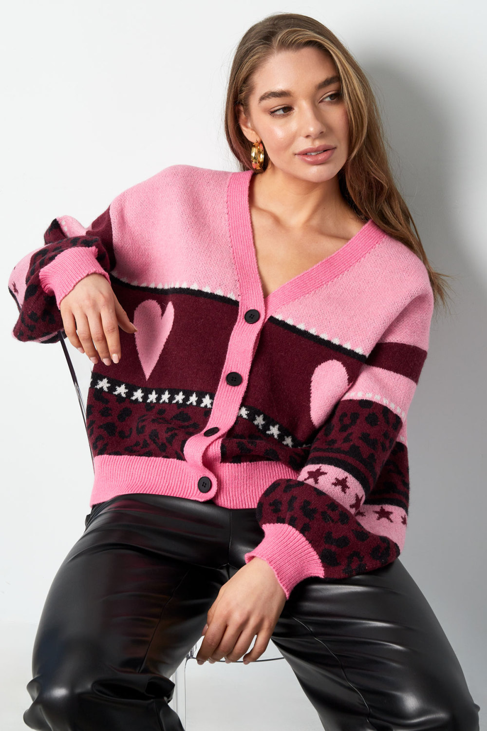 Cardigan Tricoté Pour Femme Avec Motifs Cœur Et Léopard Image2