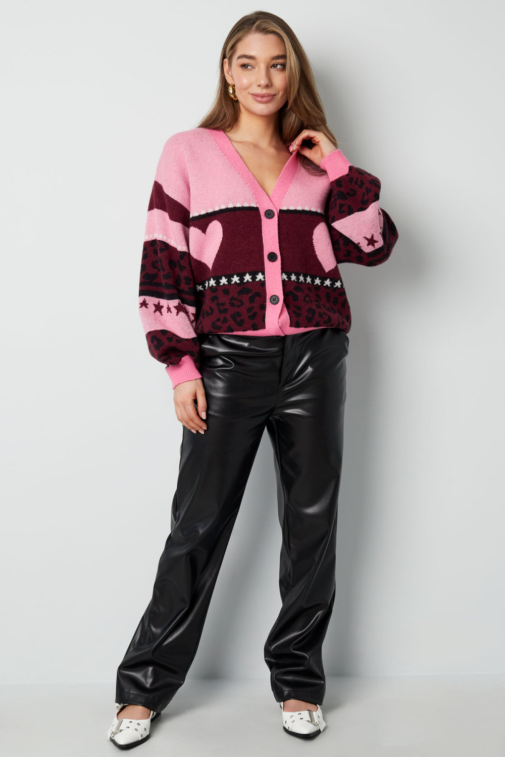 Cardigan Tricoté Pour Femme Avec Motifs Cœur Et Léopard Image3